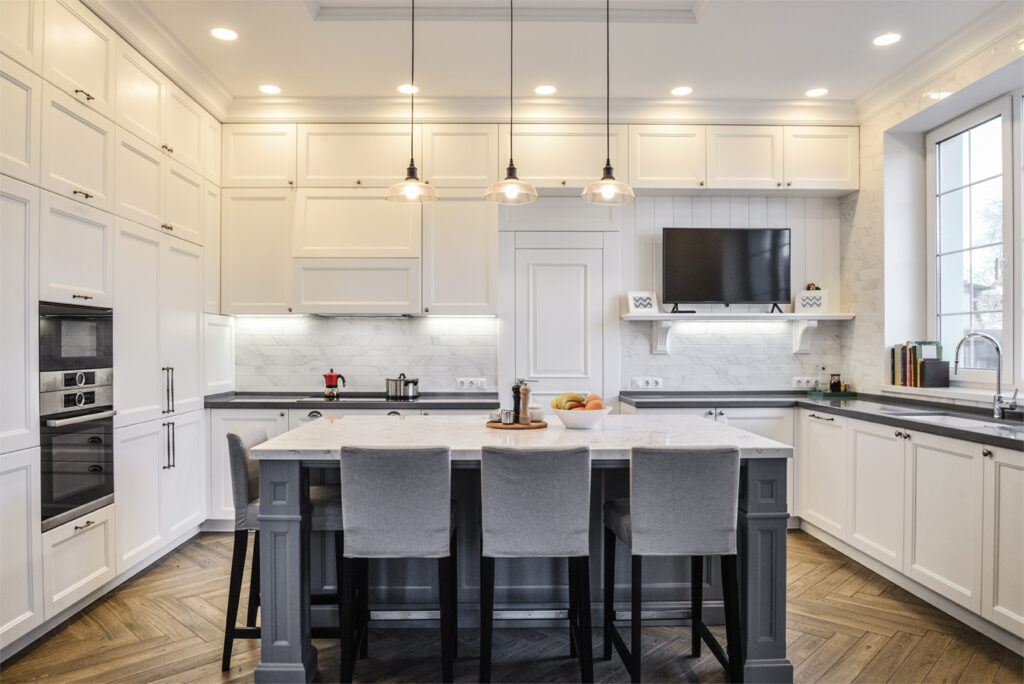 White Kitchen Cabinets With Gray Island